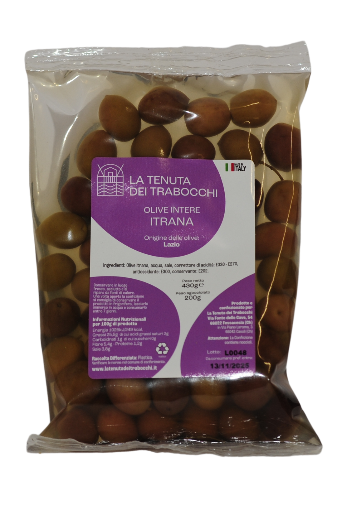 Bus stand Up contenente olive intere varietà Itrana della Tenuta Dei Trabocchi