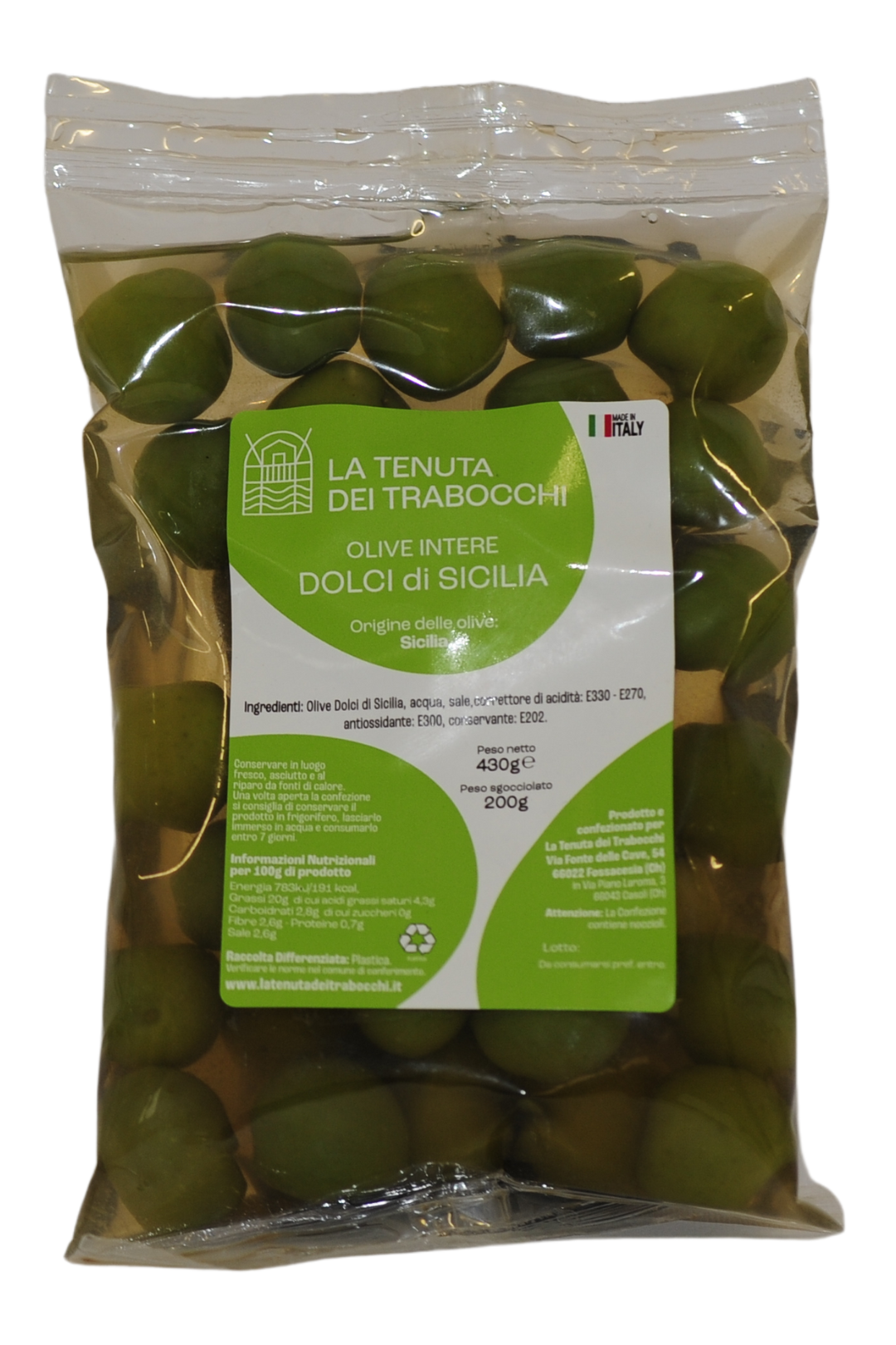 Bus stand Up contenente olive intere dolci di Sicilia della Tenuta Dei Trabocchi