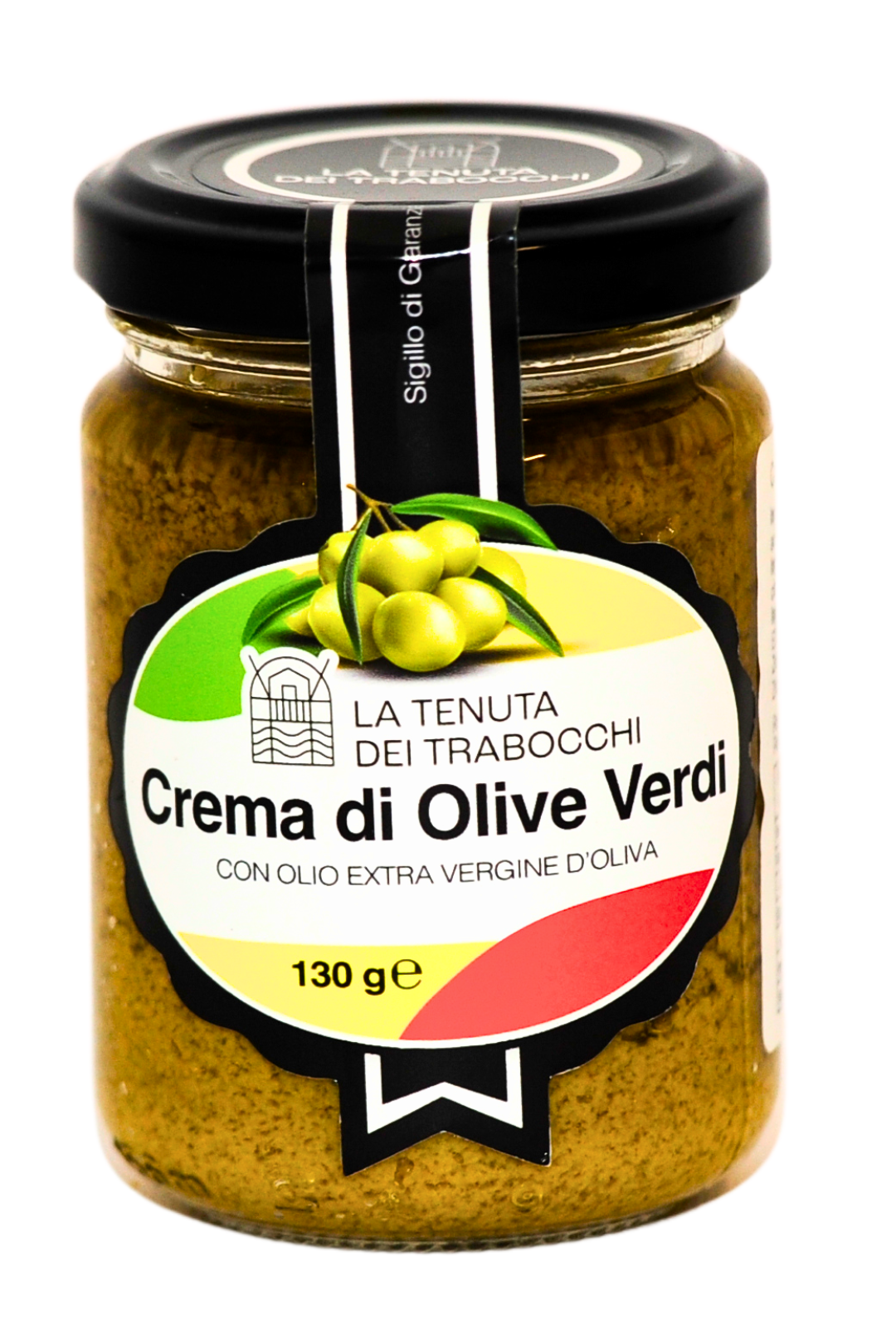 Foto di un vaso in vetro con sigillo contenente crema di olive verdi, la Tenuta Dei Trabocchi