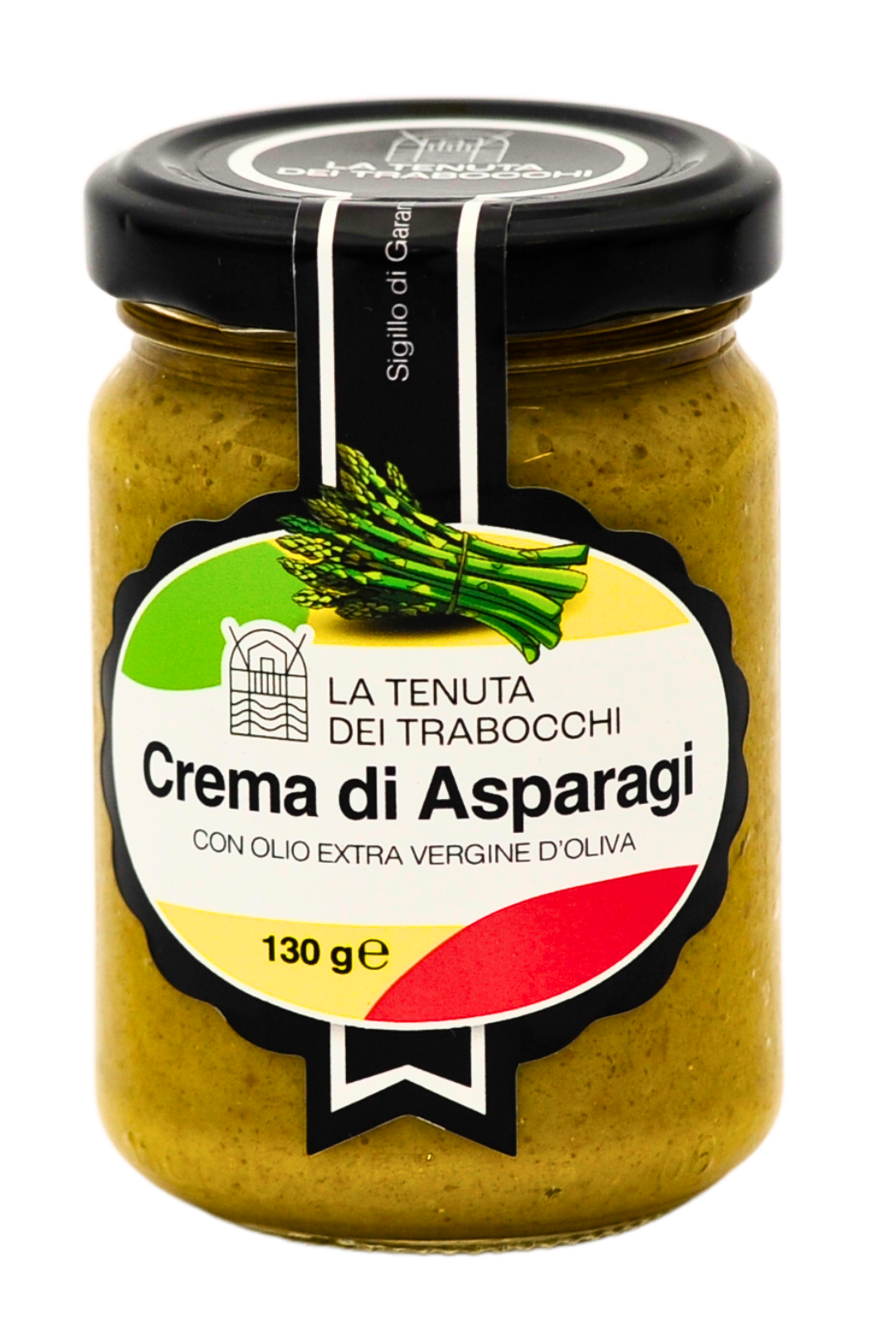 Foto di un vaso in vetro contenente crema di asparagi con olio extravergine d'oliva, la Tenuta Dei Trabocchi