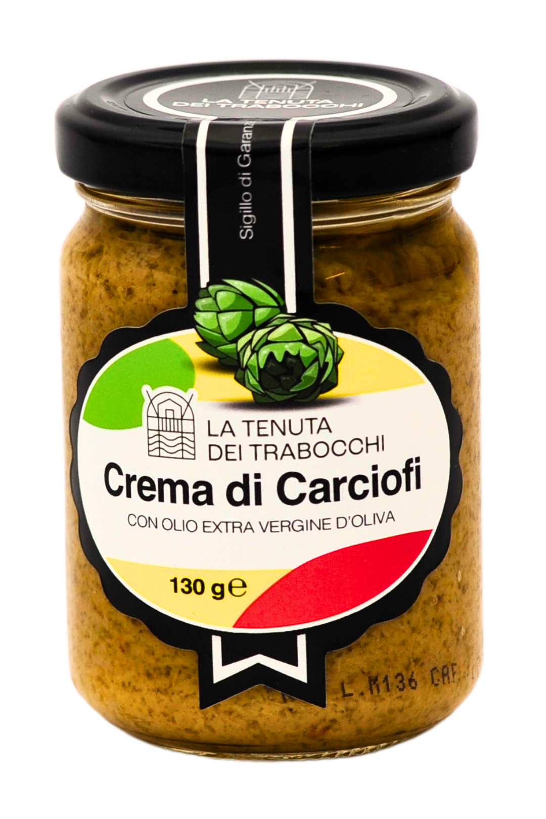 Foto di un vaso in vetro contenente crema di carciofi con olio extravergine di oliva, la Tenuta Dei Trabocchi