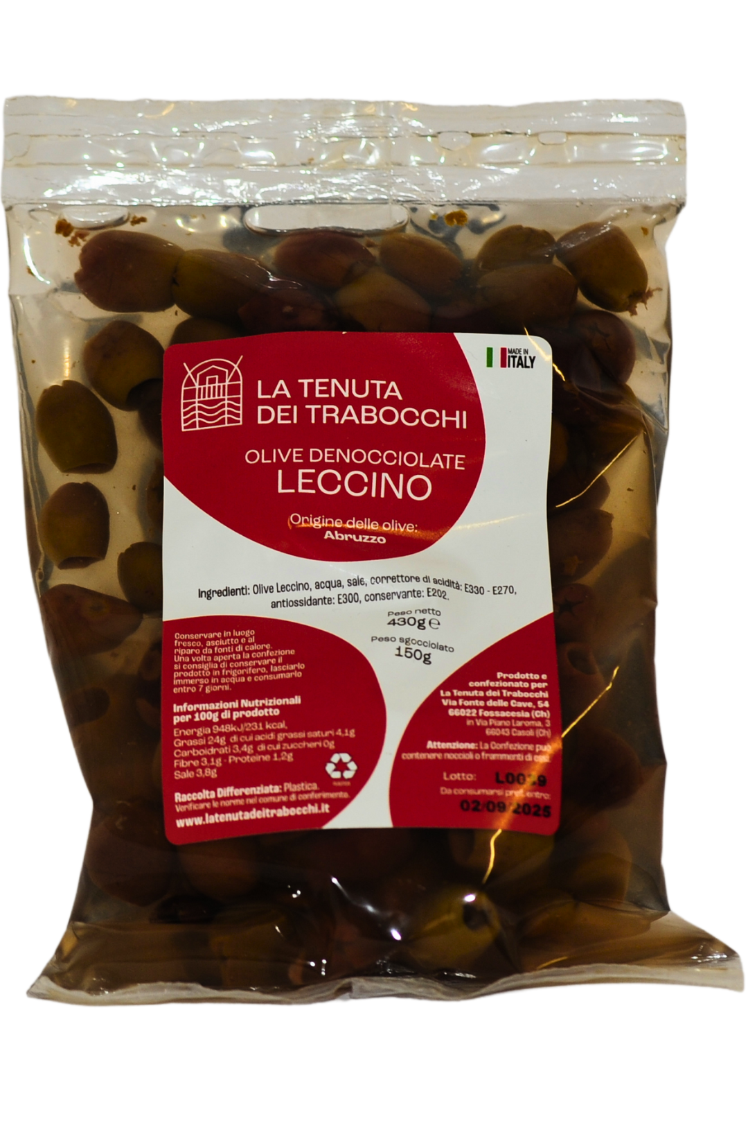 Busta stand Up contenente olive, varietà leccino denocciolate la Tenuta Dei Trabocchi