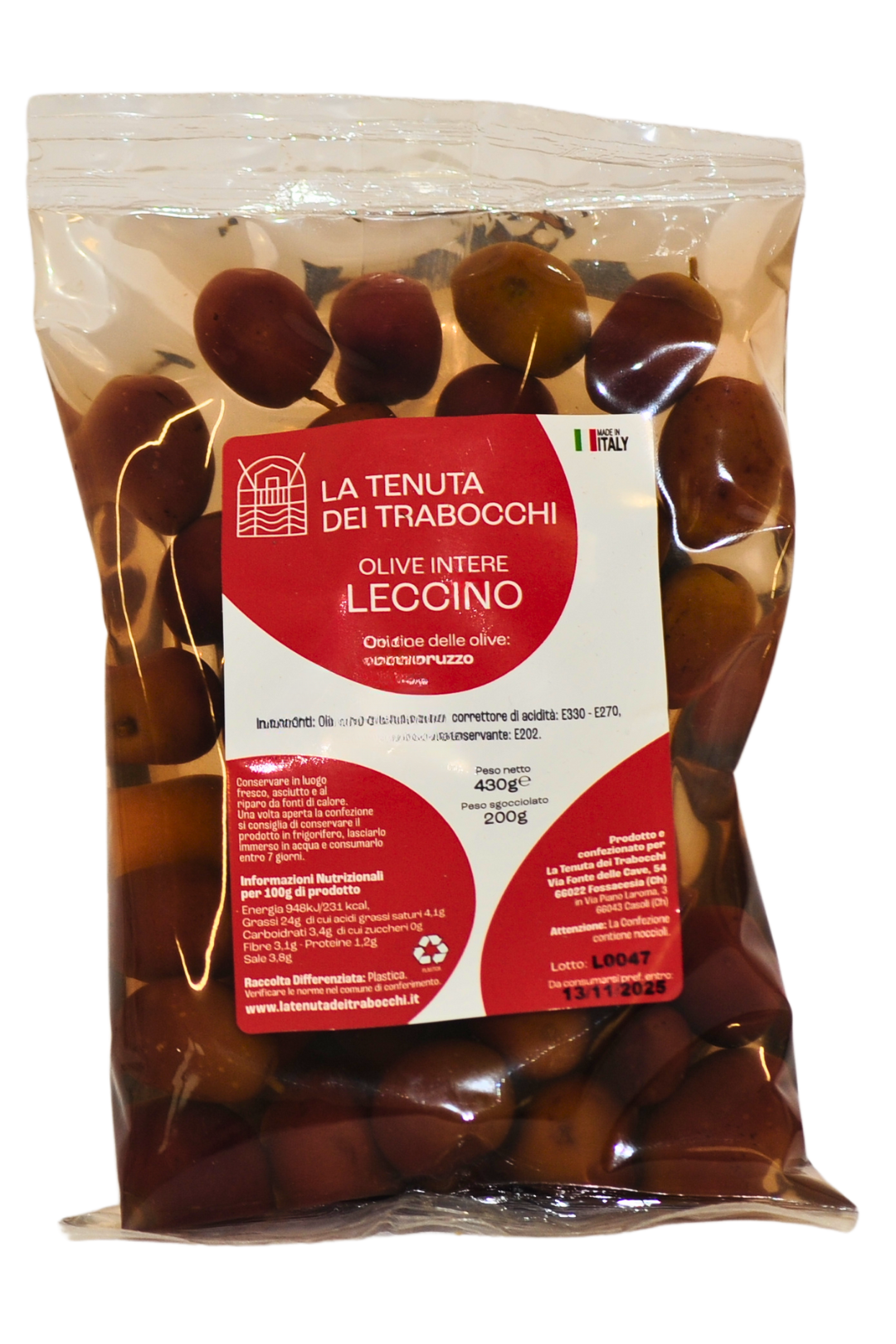 Busta stent Up contenente olive intere, le cino della Tenuta Dei Trabocchi